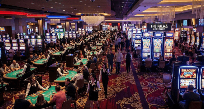 Las Vegas casino floor with gaming tables and slot machines