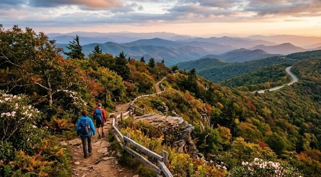 Hiking trail with scenic mountain view along the Blue Ridge Parkway