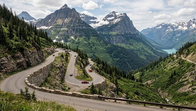 Going-to-the-Sun Road winding through Glacier National Park