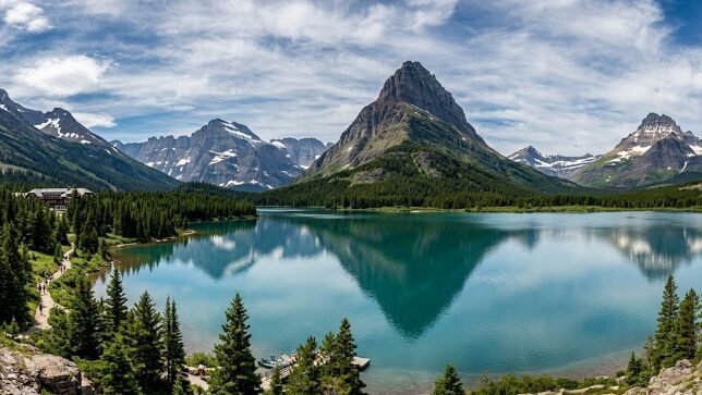 Many Glacier area of Glacier National Park with mountain lake