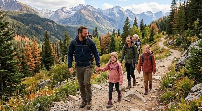 Family hiking together on a national park trail with kids