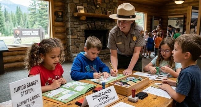 Junior Ranger program badge activity at a national park visitor center
