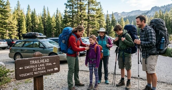 Family packed with hiking gear at a national park trailhead