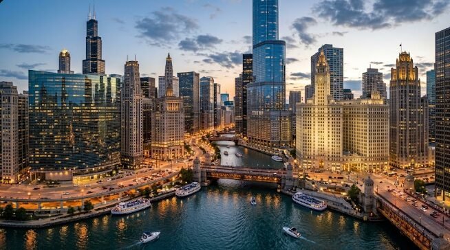 Chicago River and downtown architecture skyline