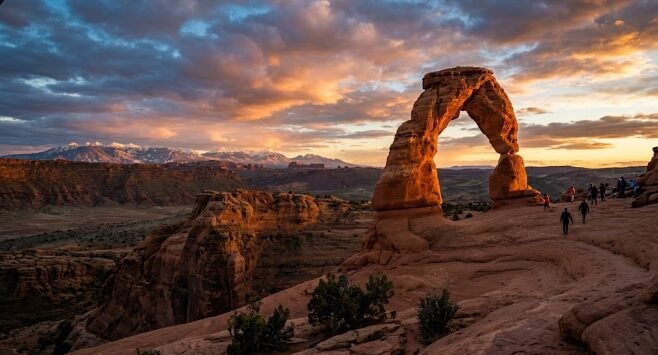 Delicate Arch at sunset in Arches National Park Utah