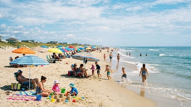 Calm Atlantic coast beach with families and beach umbrellas