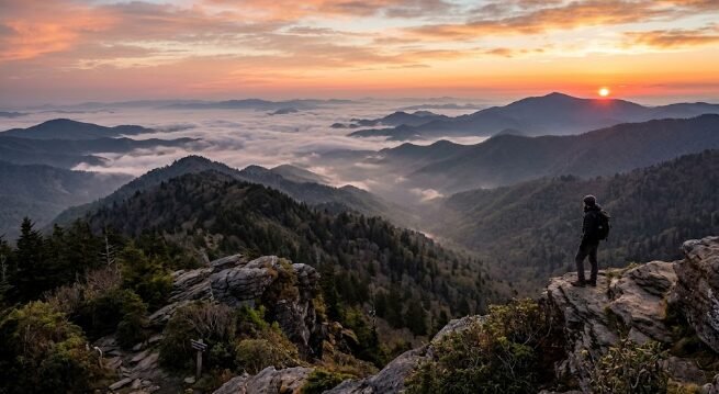 Great Smoky Mountains National Park misty ridgeline view at sunrise