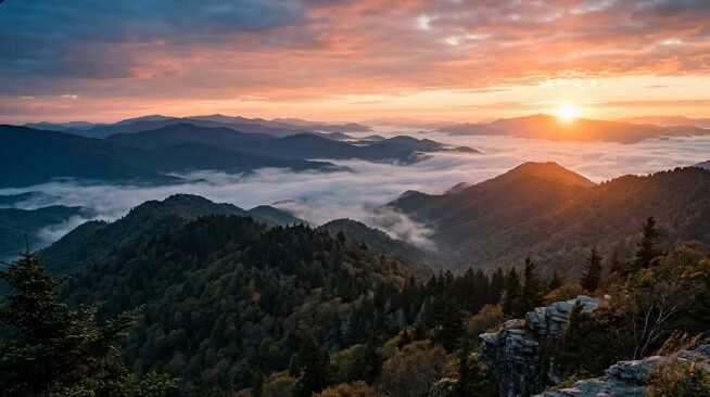 Foggy sunrise over Great Smoky Mountains National Park ridgelines