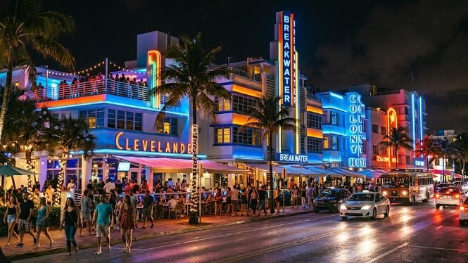 South Beach neon Art Deco hotels lit up at night