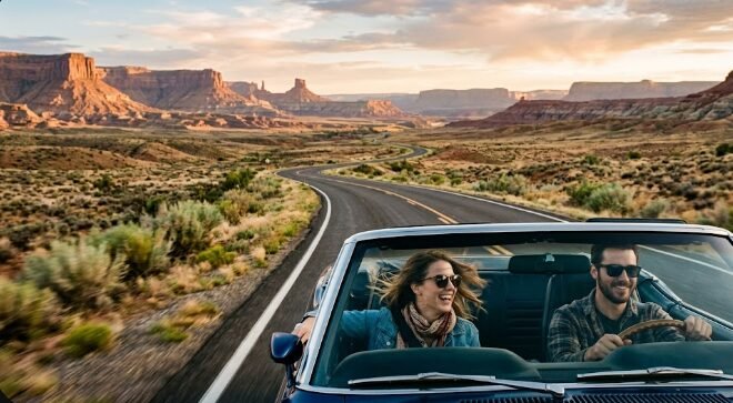 Open highway road trip through scenic USA landscape