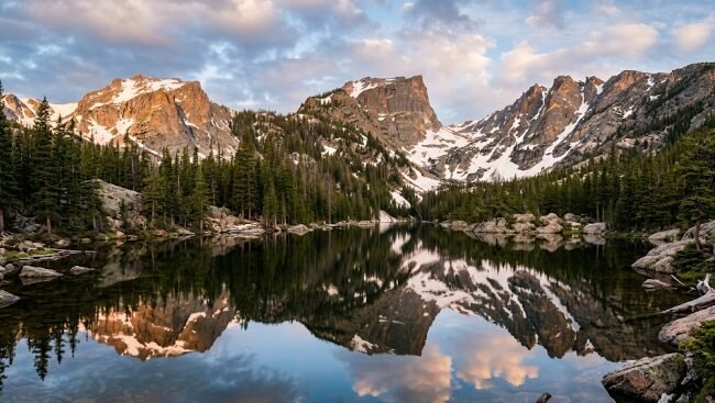 Rocky Mountain National Park alpine peaks reflected in mountain lake