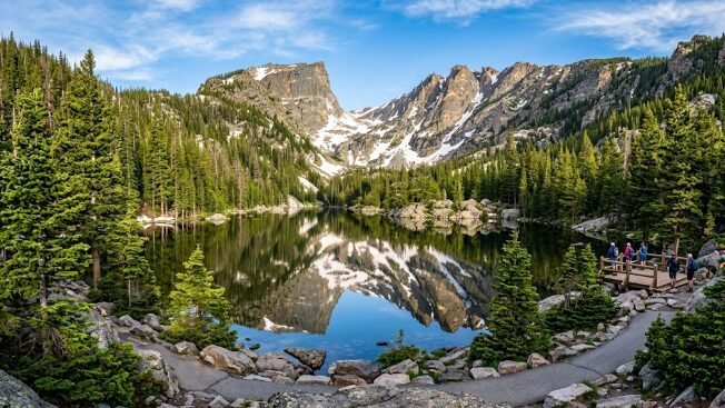 Bear Lake in Rocky Mountain National Park with mountain reflection