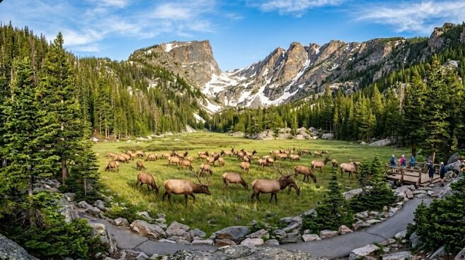 Elk herd grazing in a Rocky Mountain National Park meadow