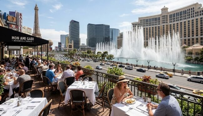 Daytime view of Bellagio fountains from a restaurant terrace