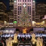 Rockefeller Center Christmas Tree lit up in New York City at night