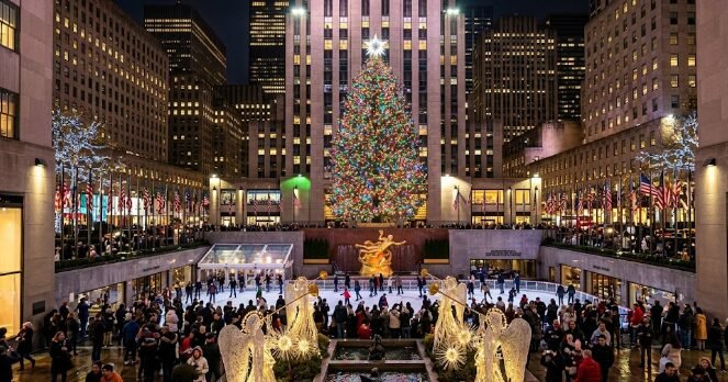 Rockefeller Center Christmas Tree lit up in New York City at night