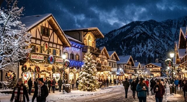 Leavenworth Washington Bavarian Christmas village with holiday lights