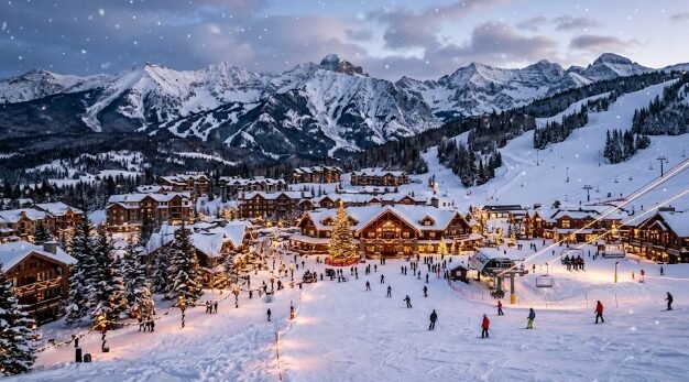 Montana ski resort covered in Christmas snow with mountain views