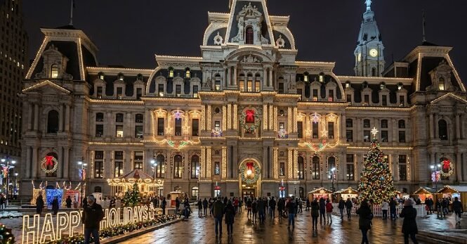 Philadelphia holiday Christmas lights display in historic building