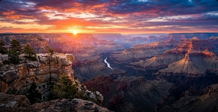 Grand Canyon sunrise view with dramatic colors and canyon depth