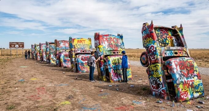 Cadillac Ranch Texas with colorful spray painted buried cars